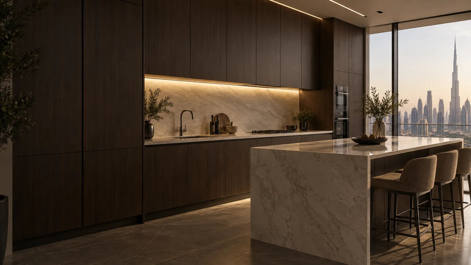 Illustrative contemporary kitchen with wood-finish cabinets